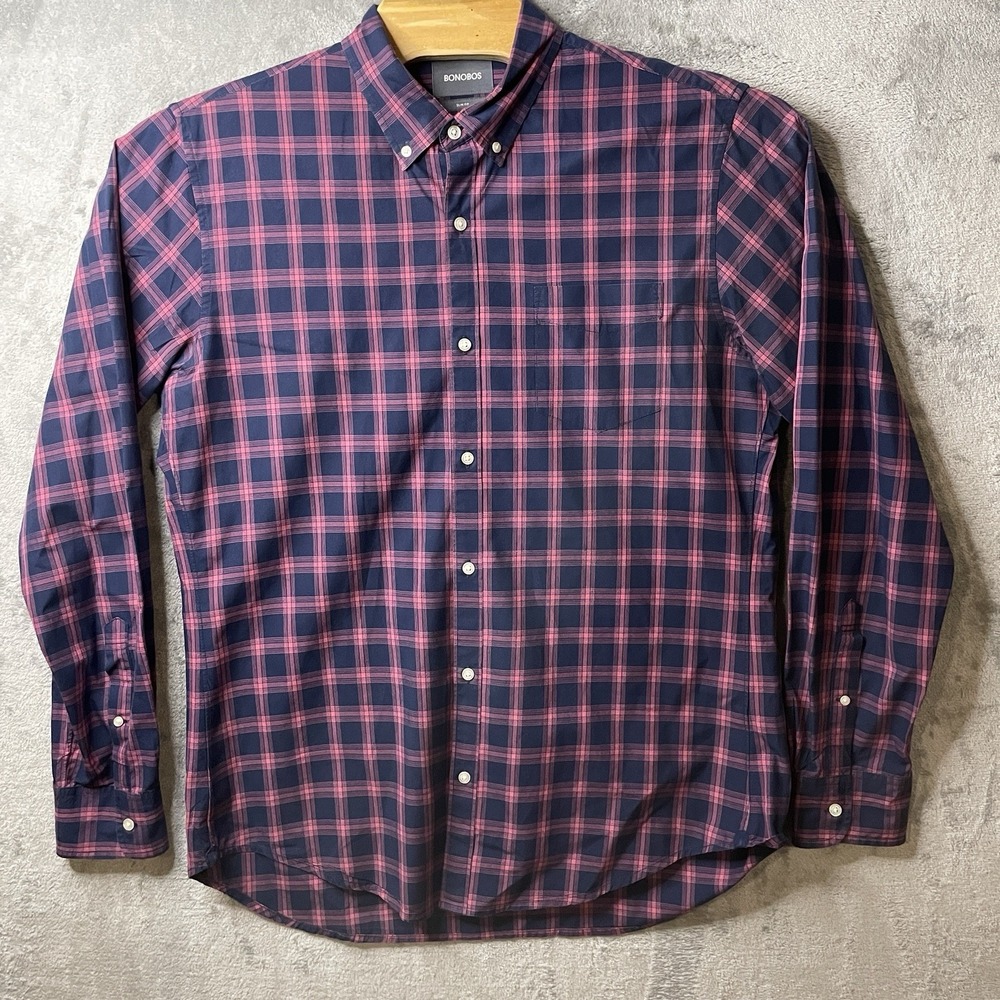 Bonobos Men's‎ XL Long Blue/Pink Plaid Shirt Slim Fit Long Sleeve Button Down